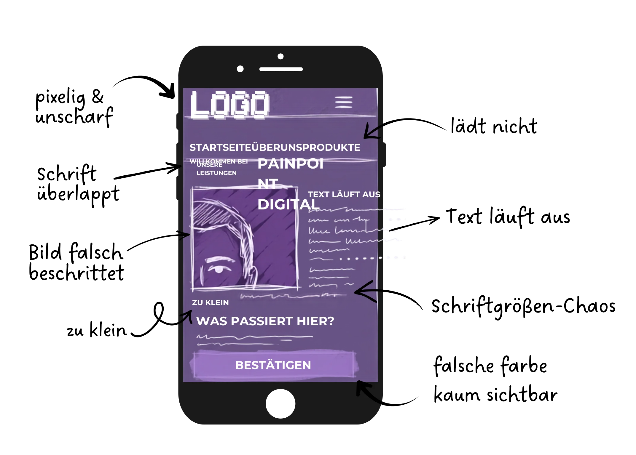 Skizze eines Handys mit unleserlicher Startseite, Textfehlern und einem Bestätigen-Knopf.